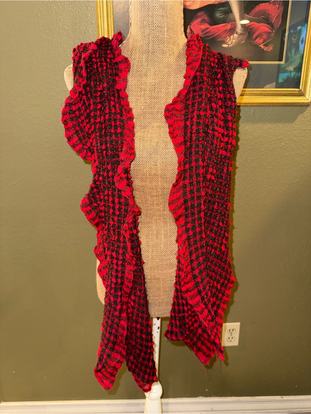 Red and Black Ruffled Knit Vest